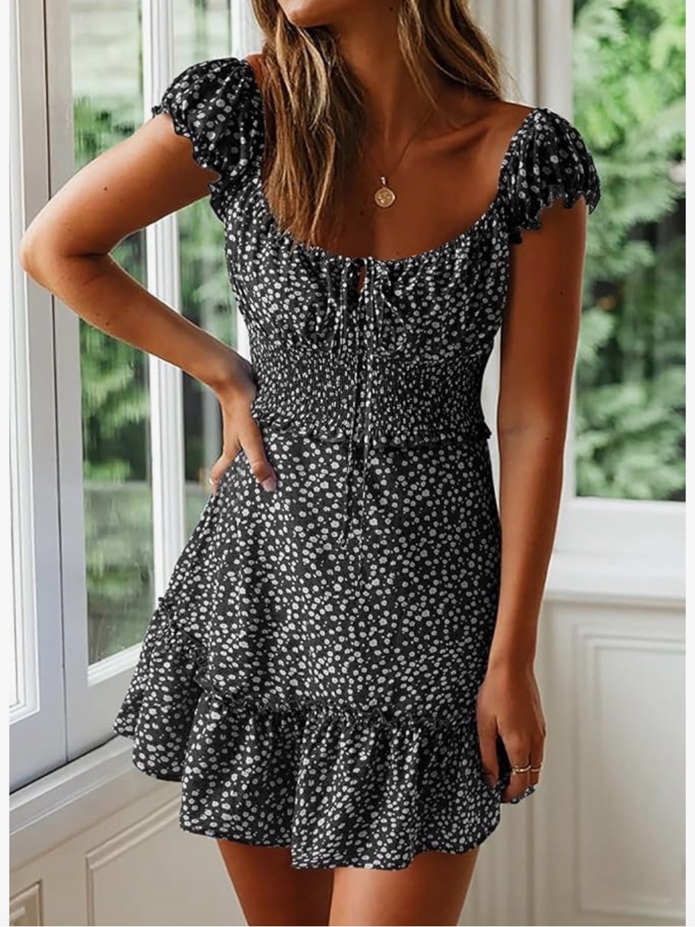 LIKE BRAND NEW Black Floral Smocked Black and White Dress